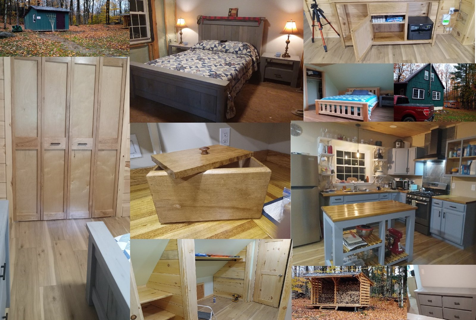 A collage of images of many of Val's projects from around the house.  Furniture, cabinetry, butcher block counter tops, kitchen island, bedroom and living room furniture and a whole lot more!